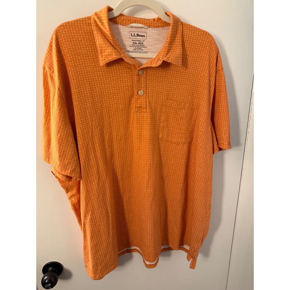 LL Bean Mens XXL Polo Shirt Orange Geometric Traditional Fit Short Sleeve 521664